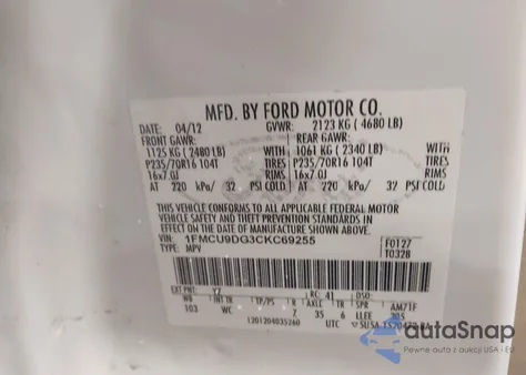 2012 Ford Escape Xlt z USA, uszkodzony, nr VIN 1FMCU9DG3CKC69255